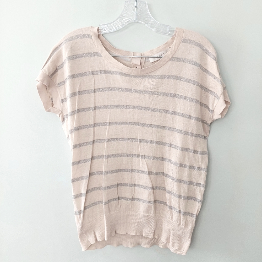 Ann Taylor LOFT knit blouse Medium peachy beige and metallic silver stripes